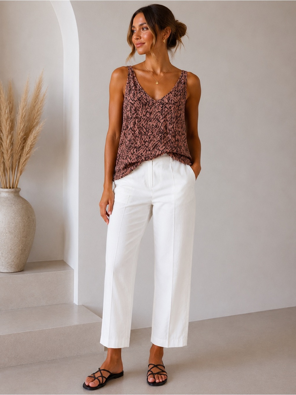 35. Nordstrom • NWT $65 USD Brown Patterned V-Neck Tank PTP 22”